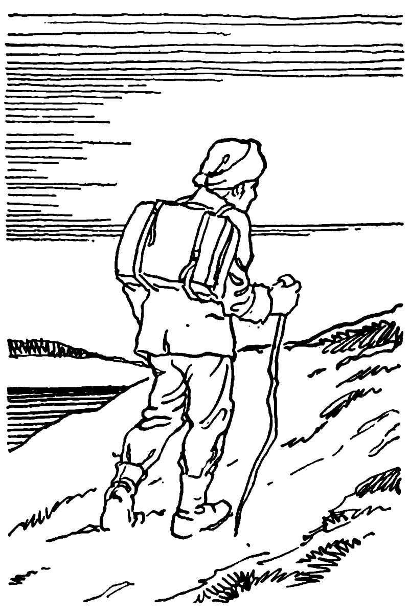 man hiking with a stick wearing a cap and a pack on his back