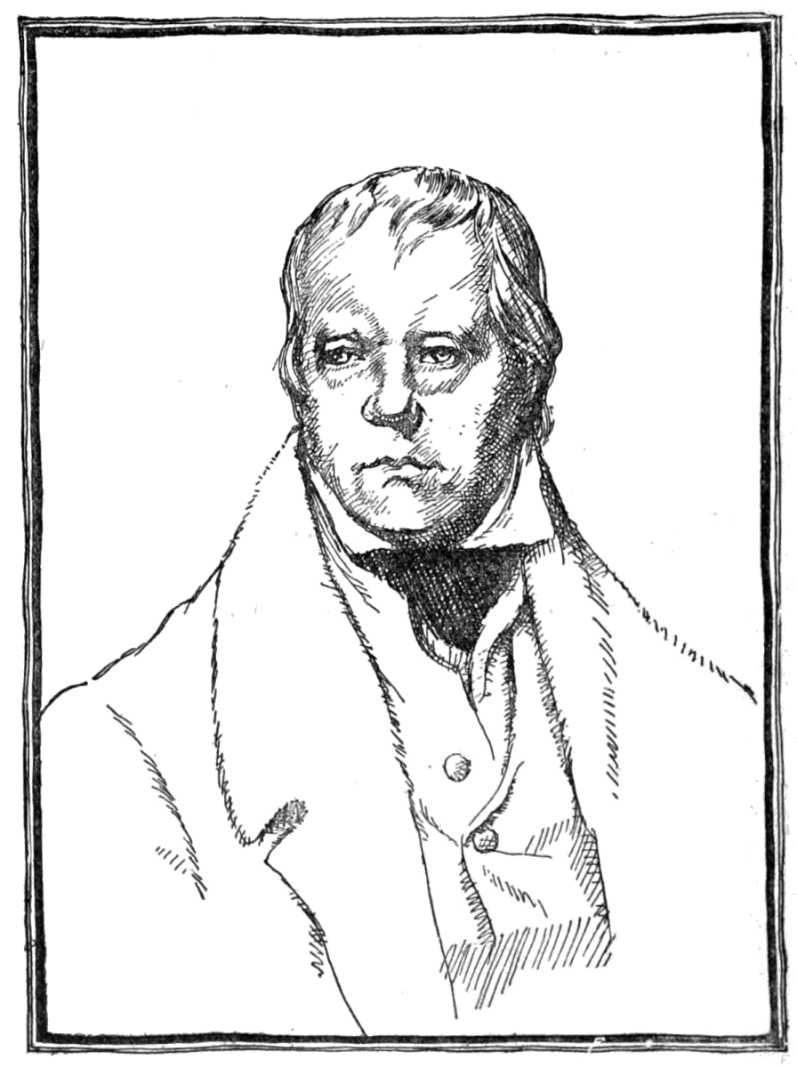 pen drawing of Sir Walter Scott in black and white