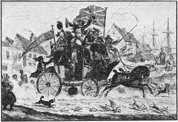 sailors carousing on a racing carriage