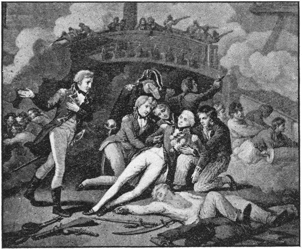 Nelson lying mortally wounded on the deck