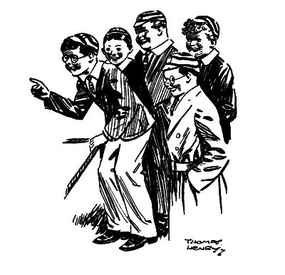 Hubert Lane and his gang pointing fingers at William standing with waxwork