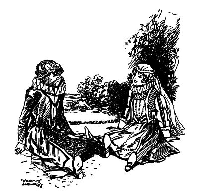 William in his medieval dress sitting on the gravel frowning a girl also dressed in medieval dress sitting on the gravel