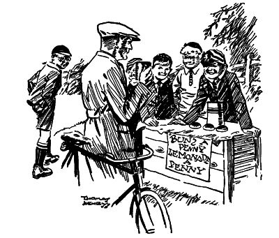 man with his bicycle drinking lemonade in front of the Outlaws stand