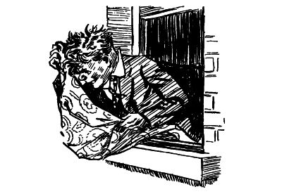 William leaning out window with bath towel in his hands