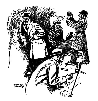 4 men in business attire in the woods, one setting off a roman candle