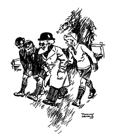 three boys walking beside an old man with a beard, glasses and a hat