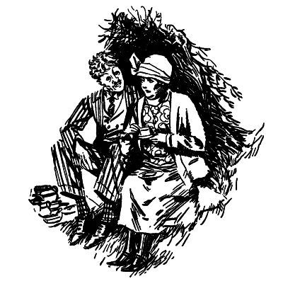 Man in pinstripe sitting next to lady holding a teacup