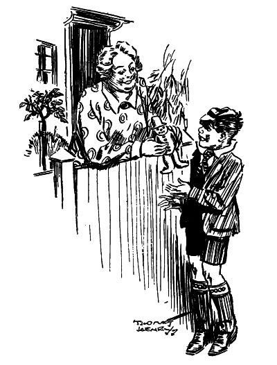 woman leaning over a fence giving William a cookie boy