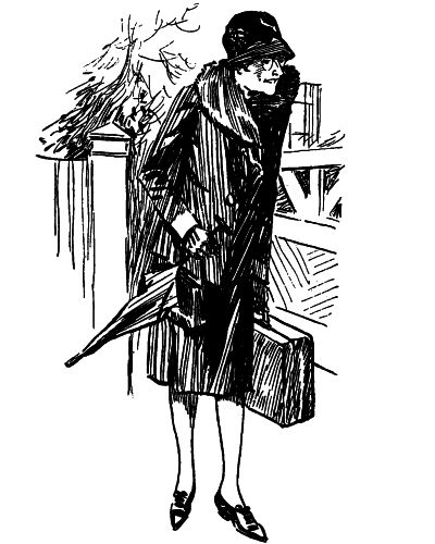 lady in coat and hat carrying an umbrella and suitcase