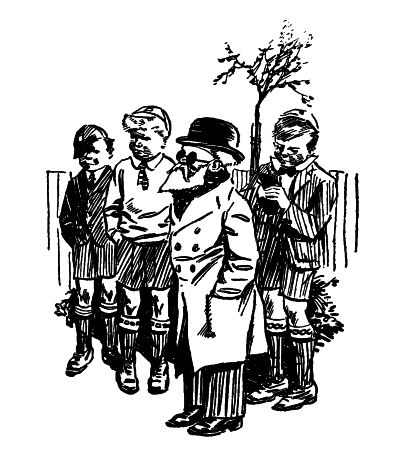 prior 3 boys and a little old man staring at policeman and old man