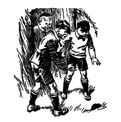 William and 2 boys staring a mouse in the grass