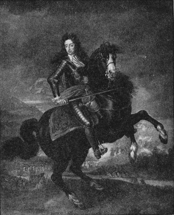 Wigged gentleman, on horseback, with aristocratic clothing and armour.