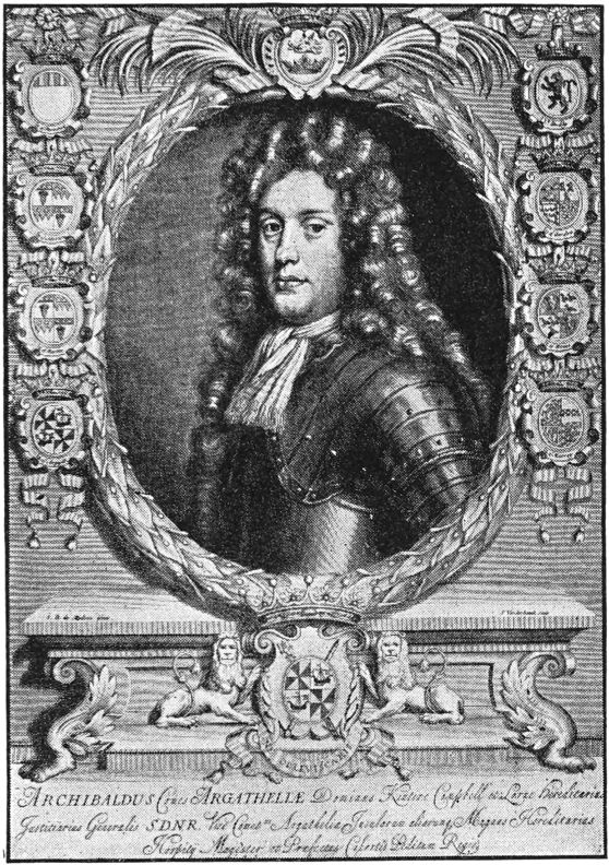 Wigged gentleman wearing aristocratic clothing, surrounded by heraldic images