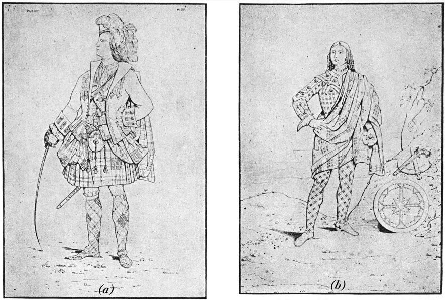 Two sketches of men wearing Scottish-style clothing.