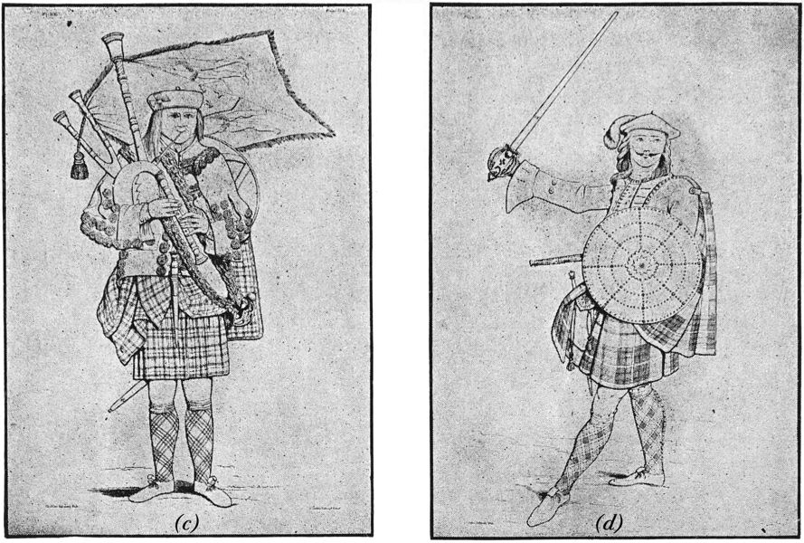 Two sketches of men wearing Scottish-style clothing.