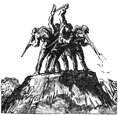 cartoon of soldiers firing down from atop a mound