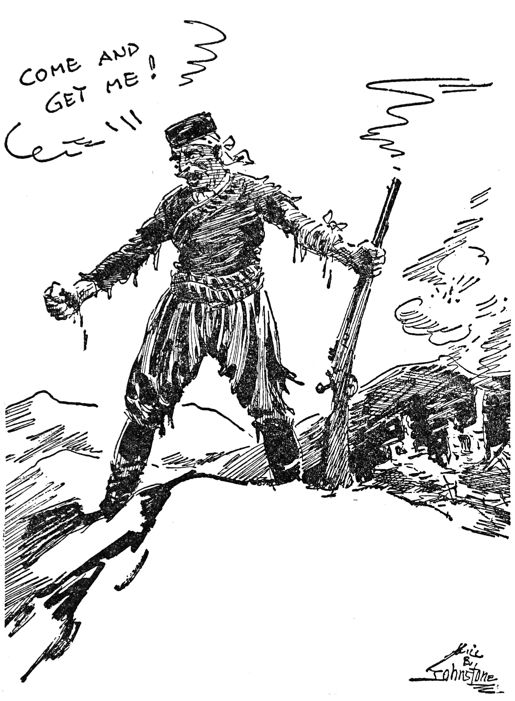 cartoon of defiant guerrilla on hilltop