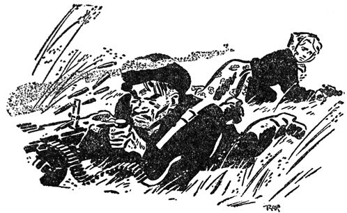 a man firing a machine gun and a woman creeping away in the grass