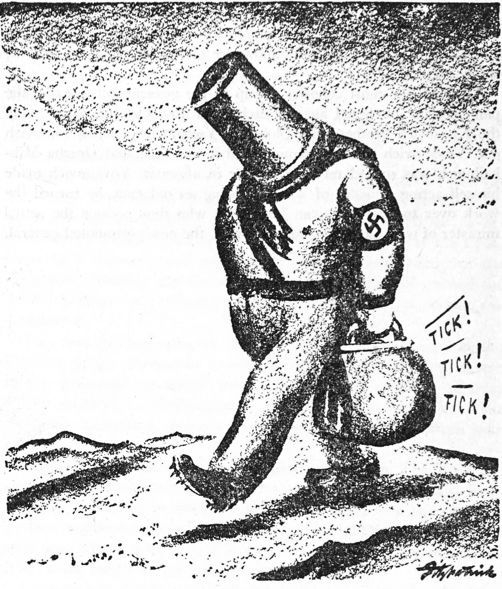 cartoon of German soldier walking with a bucket over his head and carrying a bomb in a bag