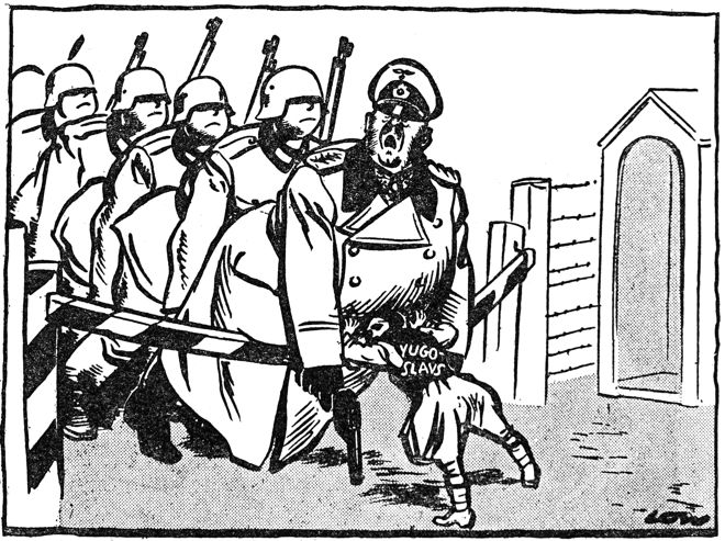 cartoon of German soldiers pushing at Yougoslave border barrier
