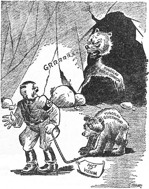 cartoon of Hitler leading Baby Bear away while Mama Bear growls