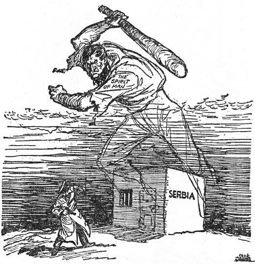 cartoon of man with cudgel defending house labelled "Serbia"