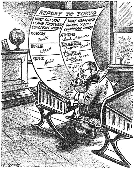 cartoon of Matsuoka, as schoolboy, writing report on tour of Europe