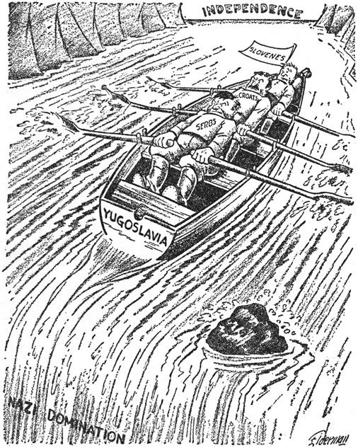 cartoon of three Yugoslav ethnic groups, as oarsmen, pulling together to avoid going over the falls of Nazi domination