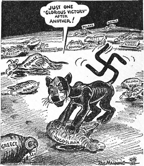 cartoon of Hitler, as a panther, standing over the European countries, as dead sheep