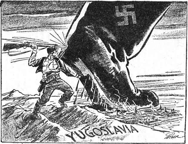 cartoon of a Yugoslav fighter jabbing the heel of a Nazi boot