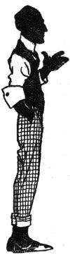 sideview of standing man wearing checkered pants and a vest, gesturing with right hand