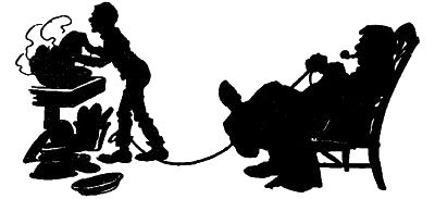 man sitting in a chair smoking a pipe with holding a string attached to a man’s leg who is washing dishes