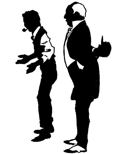 man with pipe excaiming to man wearing coat-tails and spats
