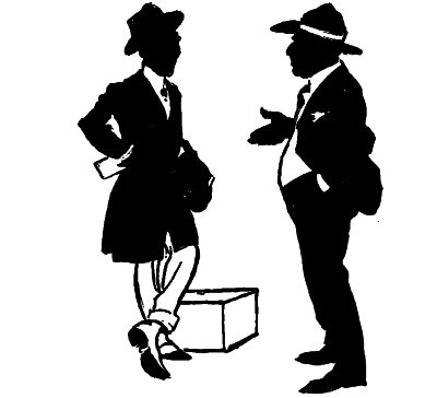 Troddles talking to man whose arms are akimbo