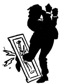 man with foot stuck through a wood panel