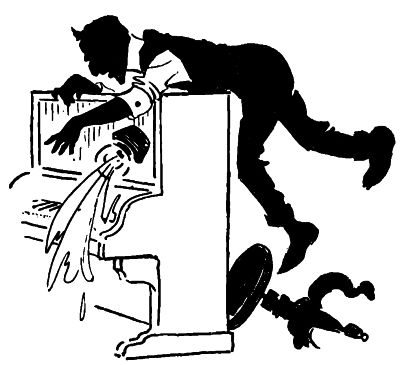 man falling off table and spilling glue pot over front of piano