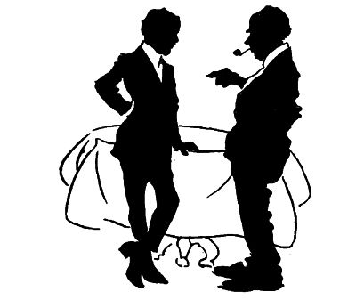 older man with a pipe pointing a finger at a younger man who’s leaning on a table