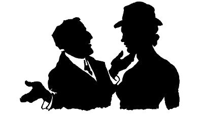 Wilks gesturing to female statue wearing a fedora