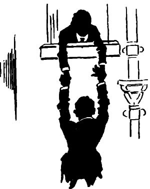 man leaning out of a window lowering another man down