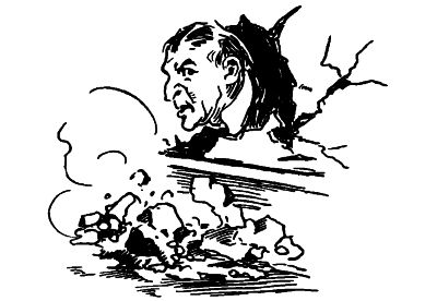 pile of rubble below a man’s head popping through a hole in a cracked wall