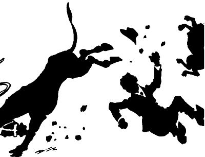 mule kicking hind legs up and man fallen on the ground