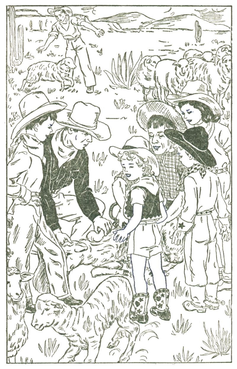 In an outdoor, desert-type setting, a group of children are gathered around two men who are holding down a sheep and shearing it. The men and the children are wearing western style clothing. In the background is another man who is herding a small group of sheep.