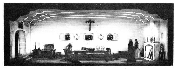 interior Spanish adobe house with man seated at wooden table and lady and priest standing in front of fireplace