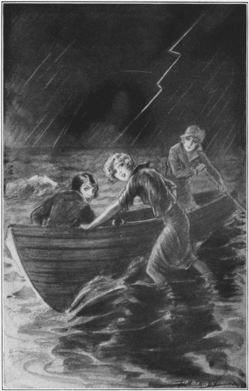 Nancy in water moving a boat with a strange girl at the rear oar; while Helen sits in the front. Heavy rain and lightning.