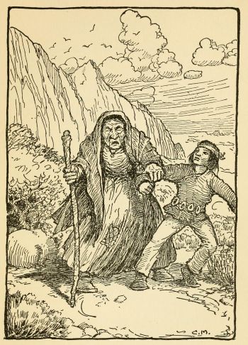 Old woman with walking stick with hand grabbing Indian boy on a trail in a canyon
