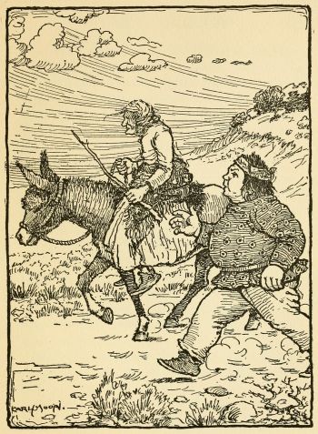 Old woman on a horse with Indian walking beside her