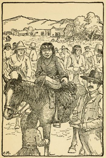 little girl pointing up to Indian boy sitting on a horse with a shocked look as she talks to trader holding small bag of coins