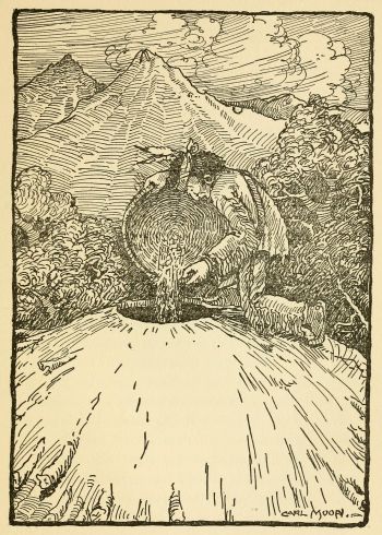 Indian pouring grain into a hole at top of a mound