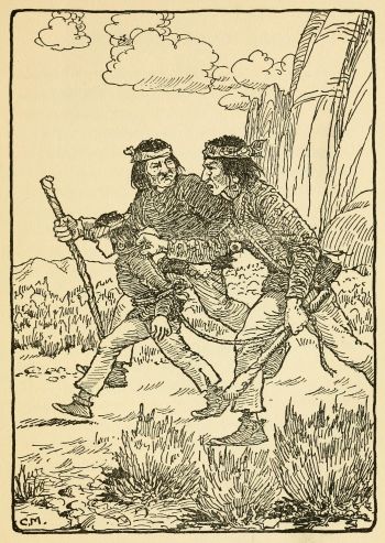 two men leading boy by the neck who is bound with rope around his waist and arms and around his neck