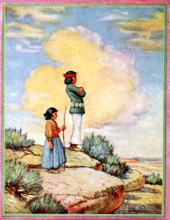 Navajo boy and girl looking into distance